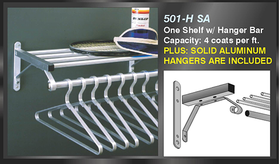 Glaro Satin Aluminum Modular Coat Racks with Tubular Top Shelf and Solid Aluminum Hangers