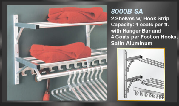 Glaro Modular Coat Racks 2 Shelves, 1 Hanger Bar, Plus Hook Strip. All Satin Aluminum