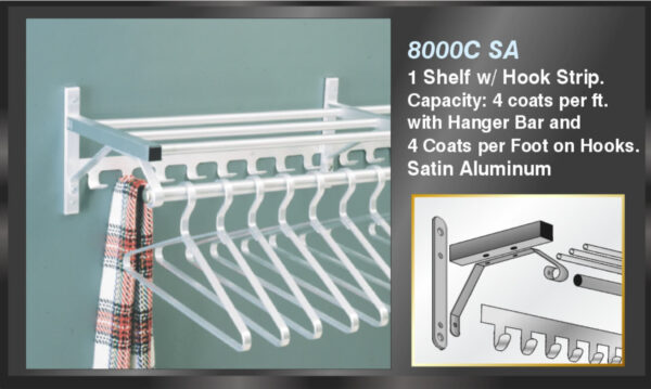 Glaro Modular Coat Racks 1 Shelf with 1 Hanger Bar, Plus Hook Strip. All Satin Aluminum