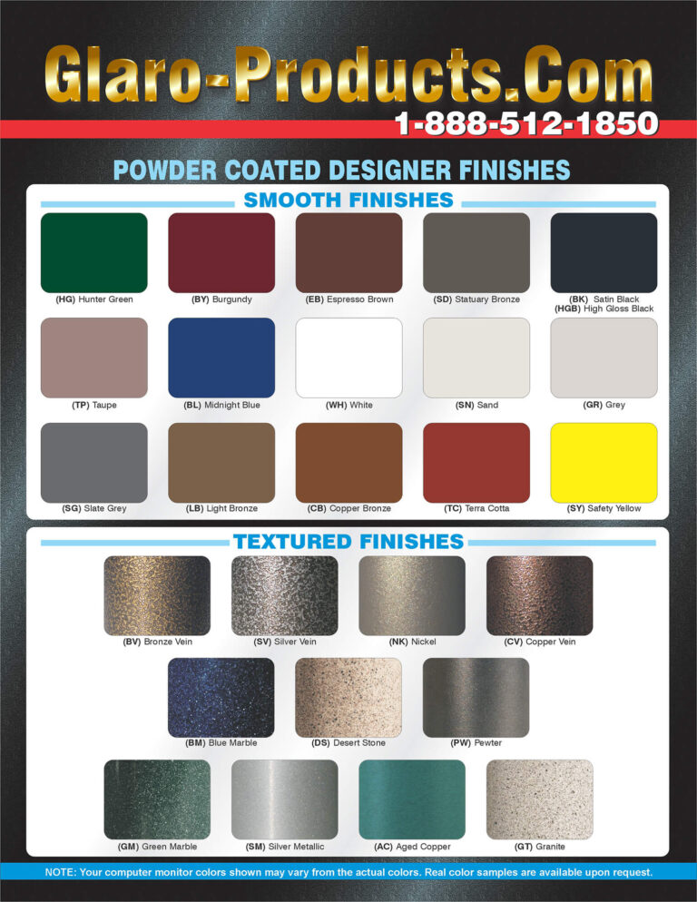 Powder Coat Color Chart - GLARO and only GLARO at GLARO-PRODUCTS.COM.